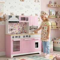 AIYAPLAY Cuisine Jouet en Bois avec Accessoires en Acier Inoxydable Cafetière Machine à Glaçons Évier Plaques Rose(m-4)