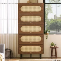Bufet cu 5 uși rabatabile, mult spațiu de depozitare și front din ratan, 80x40x163 cm, Culoare naturală(m-4)
