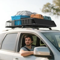 HOMCOM Auto Dakbagagedrager, Dakmand, 90,7 kg Draagvermogen, met Winddeflector, Stalen Buizen, Zwart(m-10)