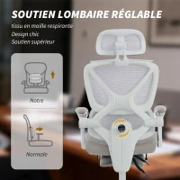 HOMCOM Chaise Bureau Ergonomique avec Appui-Tête Réglable, Fauteuil de Bureau Inclinable en Maille, Dossier Séparé, Gris(m-5)