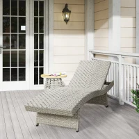 Outsunny Outdoor PE Rattan Sun Lounger, Folding Wicker Garden Lounger Recliner with 4-Level Adjustable Backrest, Rolling Sunbed Lounge Chair with Wheels, Non-Slip Legs for Balcony, Beach, Grey(m-9)