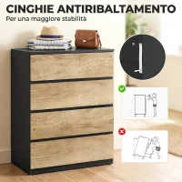 HOMCOM Cassettiera Camera da Letto 4 Cassetti, Comò Camera da Letto, per Soggiorno, Sala da Pranzo e Corridoio, Nero e Rovere(m-6)