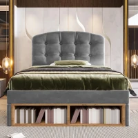 Polsterbett 90x200, dreifach höhenverstellbar, integrierte Schubladen und Staufächer, 207x101x120 cm, Grau(m-5)