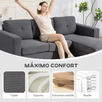HOMCOM Sofá Chaise Longue Reversible de 3 Plazas Tapizado en Pana Marco de Acero para Espacios Reducidos Gris Oscuro(m-5)