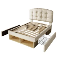 Polsterbett 90x200, dreifach höhenverstellbar, integrierte Schubladen und Staufächer, 207x101x120 cm, Beige(m-9)