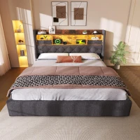 Pat tapițat 140X190 cm cu depozitare hidraulică, tăblie cu LED și 4 porturi de încărcare, 208x152,5x116 cm, Gri(m-2)