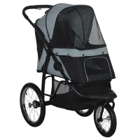 PawHut Hondenbuggy, inklapbaar, zonnescherm, gaasvenster, opbergmand, grijs, 111 x 58 x 107 cm(m-11)