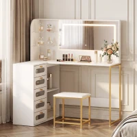 HOMCOM Schminktisch mit Spiegel LED-Lichter Hocker 5 Schubladen 2 Fächer und 2 Glasablagen Weiß(m-6)