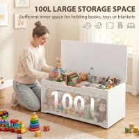 HOMCOM 100L Home Storage Box, with Safety Hinge - White Wood-Effect(m-4)