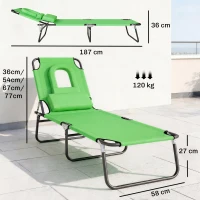 Outsunny Zonneligstoel met Leesvenster & Kussens, Inklapbaar, Waterafstotende Hoes, Metalen Frame, 187 x 58 x 36 cm, Groen(m-3)