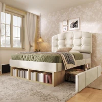 Polsterbett 90x200, dreifach höhenverstellbar, integrierte Schubladen und Staufächer, 207x101x120 cm, Beige(m-5)