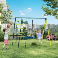 Outsunny Kinderschaukel-Gerüst mit 2 Schaukeln, Basketballkorb, Kletterleiter, 267x180x202 cm, Gelb(m-2)