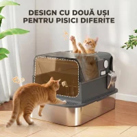 PawHut Litieră Închisă pentru Pisici 52 L din Oțel Inoxidabil, cu Capac Rabatabil, Acces Dublu și Lopățică, Negru(m-7)