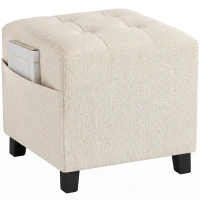 HOMCOM Small Ottoman, Square Footstool with Side Pocket, Rubber Wood Legs and Padded Seat for Living Room, Beige(m-15)