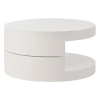 Masă de cafea cilindrică cu blat rotativ la 360°, bandă LED, construcție cu 2 straturi, 70x70x35,5 cm, Alb(m-1)