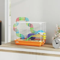 PawHut Jaula para Hámster con Túnel Cuenco Bebedero Casita Rampa Rueda de Ejercicio Bandeja Extraíble 46x30x37 cm Naranja(m-10)