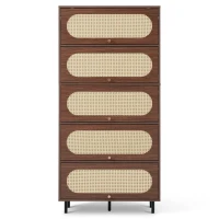 Bufet cu 5 uși rabatabile, mult spațiu de depozitare și front din ratan, 80x40x163 cm, Culoare naturală(m-1)