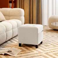 HOMCOM Small Ottoman, Square Footstool with Side Pocket, Rubber Wood Legs and Padded Seat for Living Room, Beige(m-14)