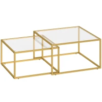 HOMCOM 2 Mesas de Centro Cuadradas Mesas Nido Modernas con Tablero de Vidrio Templado y Estructura Metálica 75x75x42 cm Dorado(m-1)