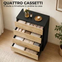 HOMCOM Cassettiera Camera da Letto 4 Cassetti, Comò Camera da Letto, per Soggiorno, Sala da Pranzo e Corridoio, Nero e Rovere(m-5)