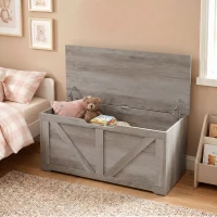 HOMCOM 127L Home Storage Box, with Safety Hinges - Grey Wood-Effect(m-8)