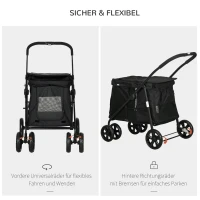 PawHut Hondenbuggy met Kussen, 3 Zijvakken, Opvouwbaar, Hondenkar, 102 cm x 62 cm x 105 cm, Zwart(m-6)