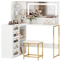 HOMCOM Schminktisch mit Spiegel LED-Lichter Hocker 5 Schubladen 2 Fächer und 2 Glasablagen Weiß(m-7)