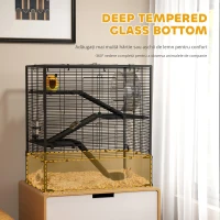 PawHut Cușcă pentru Hamster cu Bază din Sticlă, Cu 4 Etaje și Accesorii, 78,5L x 48,5B x 80H cm, Negru(m-7)