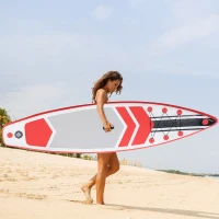 Outsunny Aufblasbares Surfbrett 320 cm Surfboard Stand Up Board mit Paddel faltbar EVA Rutschfest inkl. Zubehör Weiß+Rot(m-10)