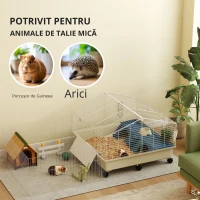 PawHut Cușcă pentru animale mici, balcon, rampă, suport pentru fân, sticlă pentru apă, design cu 2 nivele, alb(m-4)
