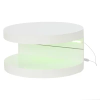 Masă de cafea cilindrică cu blat rotativ la 360°, bandă LED, construcție cu 2 straturi, 70x70x35,5 cm, Alb(m-7)