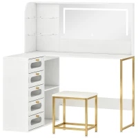 HOMCOM Schminktisch mit Spiegel LED-Lichter Hocker 5 Schubladen 2 Fächer und 2 Glasablagen Weiß(m-1)