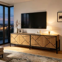 Comodă TV joasă, cu design geometric contrastant, potrivită pentru televizoare de până la aprox. 65 inch, 153x40x50 cm, Culoare naturală(m-5)