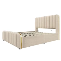 Pat dublu tapițat cu spațiu de depozitare pentru saltea 140x190 cm, pat rabatabil hidraulic cu husă din in, fără saltea, 203x150x102 cm, Bej(m-1)