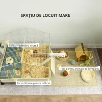 PawHut Cușcă pentru animale mici, balcon, rampă, suport pentru fân, sticlă pentru apă, design cu 2 nivele, alb(m-8)