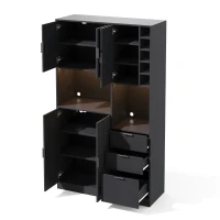 Moderner hoher Küchenschrank mit Weinregal, verstellbaren Einlegeböden und 3 Schubladen, 105x40x180 cm, Schwarz(m-7)