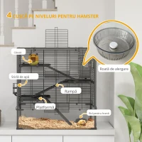 PawHut Cușcă pentru Hamster cu Bază din Sticlă, Cu 4 Etaje și Accesorii, 78,5L x 48,5B x 80H cm, Negru(m-5)