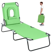 Outsunny Zonneligstoel met Leesvenster & Kussens, Inklapbaar, Waterafstotende Hoes, Metalen Frame, 187 x 58 x 36 cm, Groen(m-15)