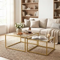 HOMCOM 2 Mesas de Centro Cuadradas Mesas Nido Modernas con Tablero de Vidrio Templado y Estructura Metálica 75x75x42 cm Dorado(m-8)