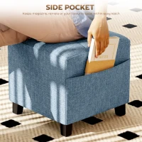HOMCOM Small Ottoman, Square Footstool with Side Pocket, Rubber Wood Legs and Padded Seat for Living Room, Dark Blue(m-5)