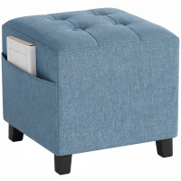 HOMCOM Small Ottoman, Square Footstool with Side Pocket, Rubber Wood Legs and Padded Seat for Living Room, Dark Blue(m-15)