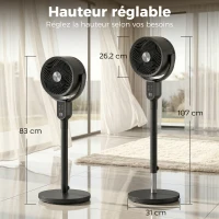 HOMCOM Ventilateur sur pied silencieux 20 dB, oscillation 70°+90°, 8 vitesses, télécommande, minuterie 12H, hauteur réglable(m-3)