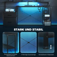 HOMCOM Gamingbureau L-vormig bureau met LED & stopcontacten, met dubbel monitorhouder, 165x80x91,5 cm, zwarte houtlook(m-8)