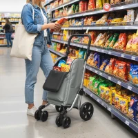 HOMCOM Carrito de Compra Plegable de 46 L Carro 3 en 1 con 6 Ruedas Bolsa Térmica y Asa Ajustable 44x58x100 cm Gris(m-10)