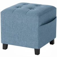HOMCOM Small Ottoman, Square Footstool with Side Pocket, Rubber Wood Legs and Padded Seat for Living Room, Dark Blue(m-1)