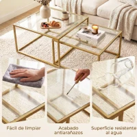 HOMCOM 2 Mesas de Centro Cuadradas Mesas Nido Modernas con Tablero de Vidrio Templado y Estructura Metálica 75x75x42 cm Dorado(m-7)