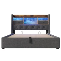Pat tapițat 140X190 cm cu depozitare hidraulică, tăblie cu LED și 4 porturi de încărcare, 208x152,5x116 cm, Gri(m-9)