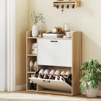 HOMCOM Scarpiera Slim con 2 Cassetti Ribaltabili e 3 Vani Aperti, Capacità 15 Scarpe, 83x24x90.5 cm, Color Legno e Bianco(m-2)