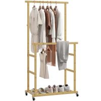 HOMCOM Kledingrek op wielen, garderoberek met kledingstang, schoenenplaat, van bamboe, 80 x 40 x 160 cm, natuur(m-11)