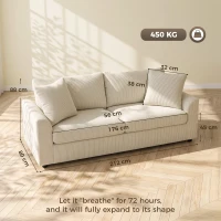 HOMCOM Divano 3 Posti in Velluto a Coste con Molle Insacchettate e 2 Cuscini, 212x80x88 cm, Bianco Crema(m-3)